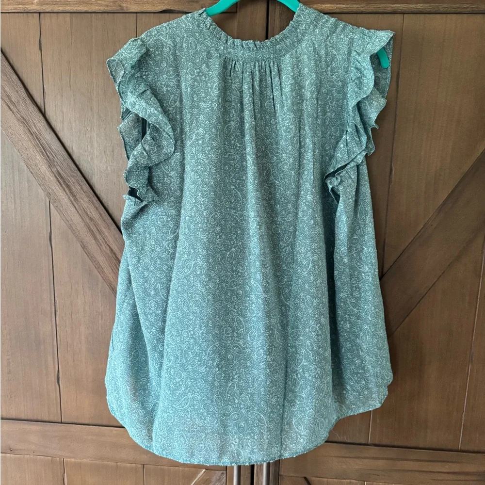 Teal Flutter Sleeve Ruffled Blouse and Tie Front - Picture 3 of 8